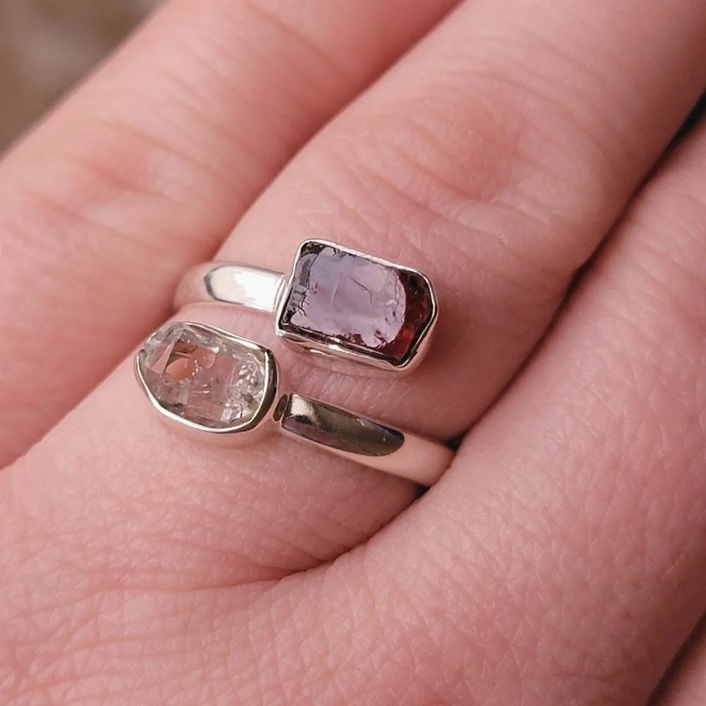 Garnet with Herkimer Diamond Sterling Silver Bypass Gemstone Ring